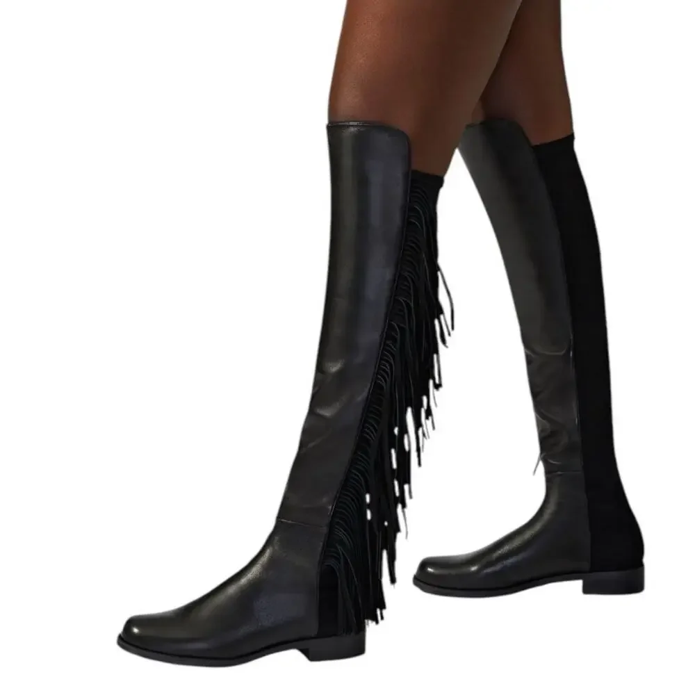 Stuart Weitzman 5050 Fringe Over The‎ Knee Boot Black Nappa Leather Size 7